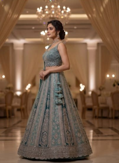 Luxury Raw Silk Lehenga 2026 | Heavy Sequin Embroidered Teal 3-Piece Bridal Suit | 16 Kali Lehnga & Net Dupatta