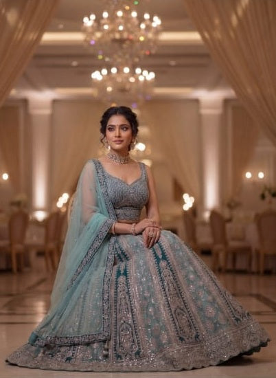 Luxury Raw Silk Lehenga 2026 | Heavy Sequin Embroidered Teal 3-Piece Bridal Suit | 16 Kali Lehnga & Net Dupatta