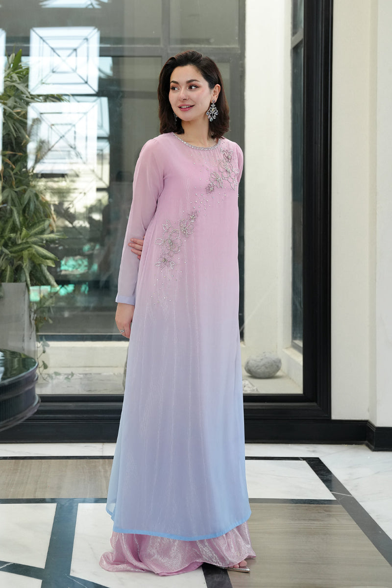 Luxury Ombre Chiffon Suit | Pink to Lavender Shaded with Hand Embellished Embroidery & Raw Silk Trouser