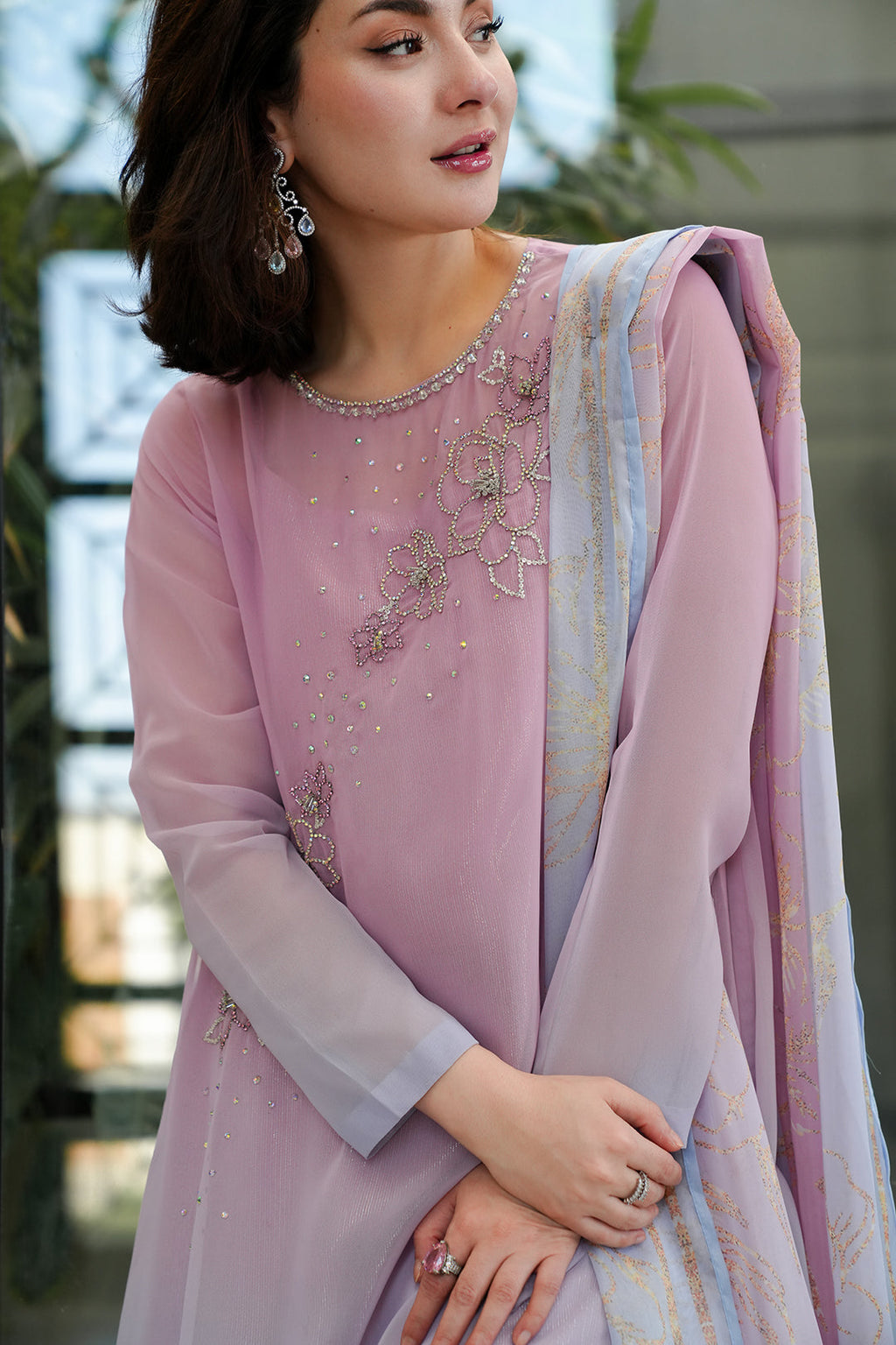 Luxury Ombre Chiffon Suit | Pink to Lavender Shaded with Hand Embellished Embroidery & Raw Silk Trouser
