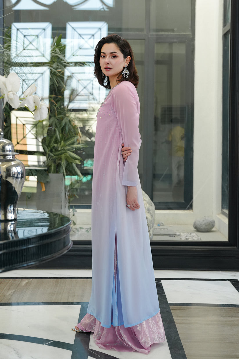 Luxury Ombre Chiffon Suit | Pink to Lavender Shaded with Hand Embellished Embroidery & Raw Silk Trouser