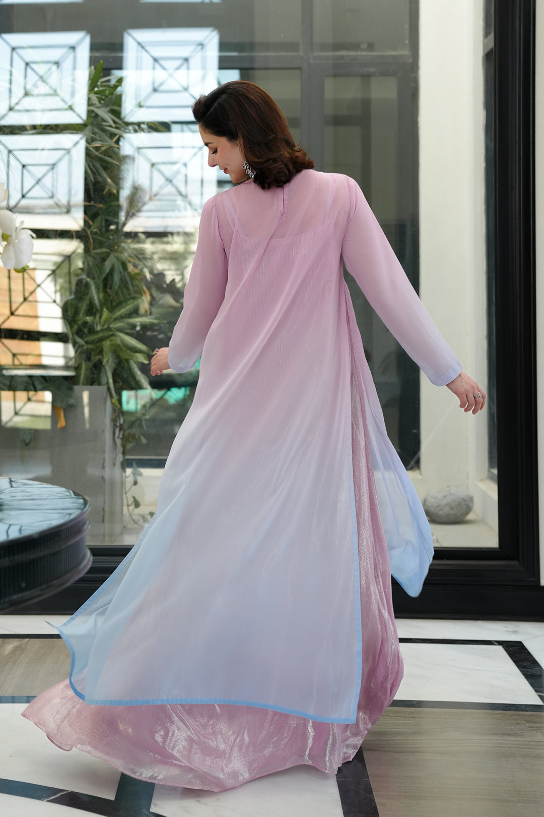Luxury Ombre Chiffon Suit | Pink to Lavender Shaded with Hand Embellished Embroidery & Raw Silk Trouser
