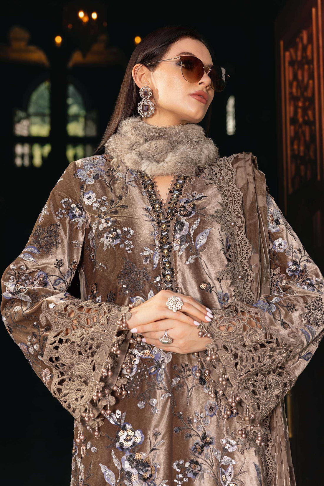 Taupe Micro 9000 Velvet Embroidered Festive Suit  | RTW