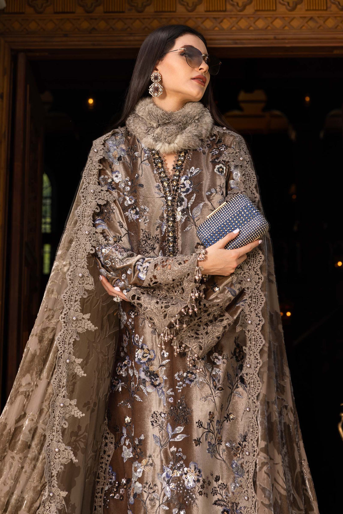 Taupe Micro 9000 Velvet Embroidered Festive Suit  | RTW