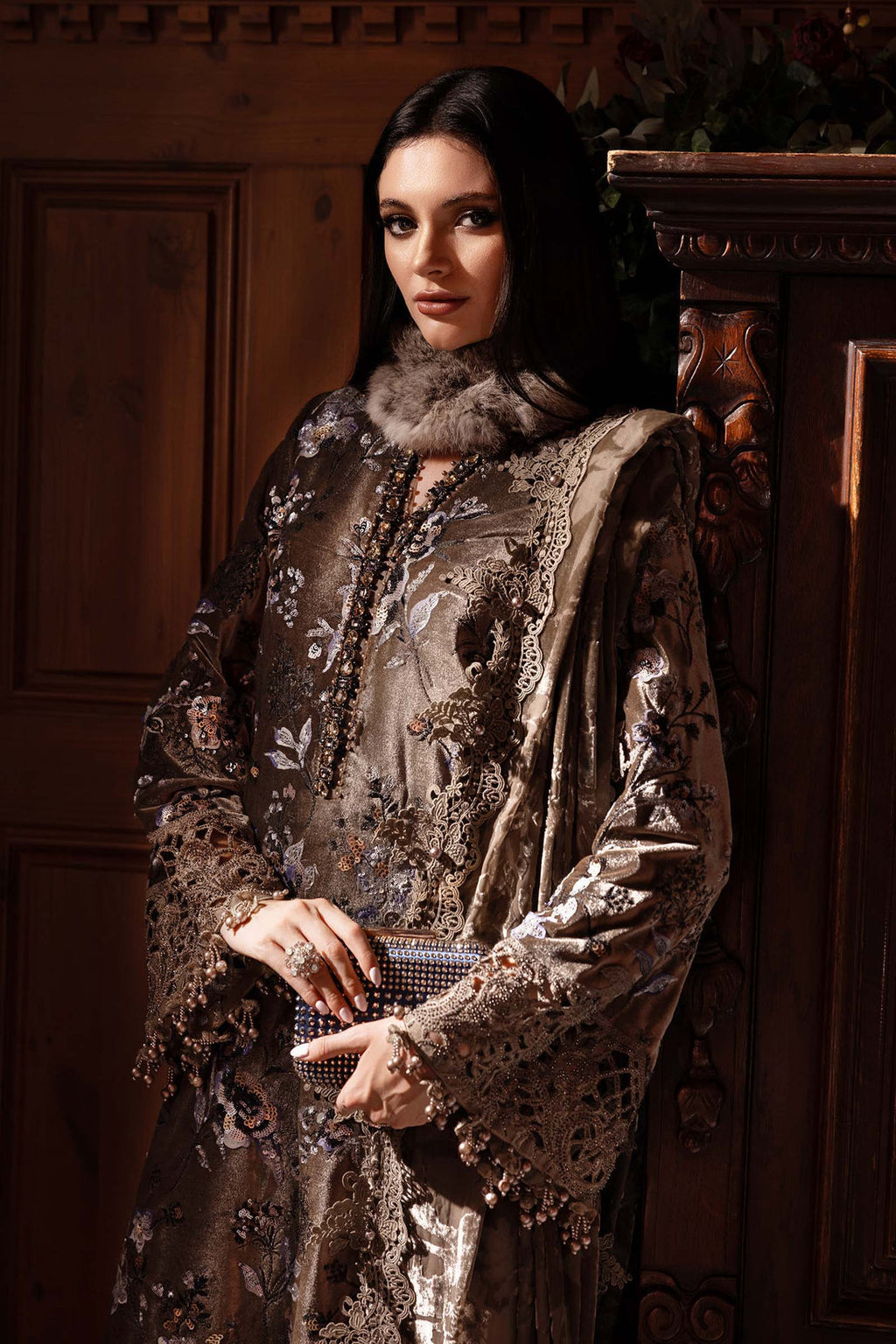 Taupe Micro 9000 Velvet Embroidered Festive Suit  | RTW
