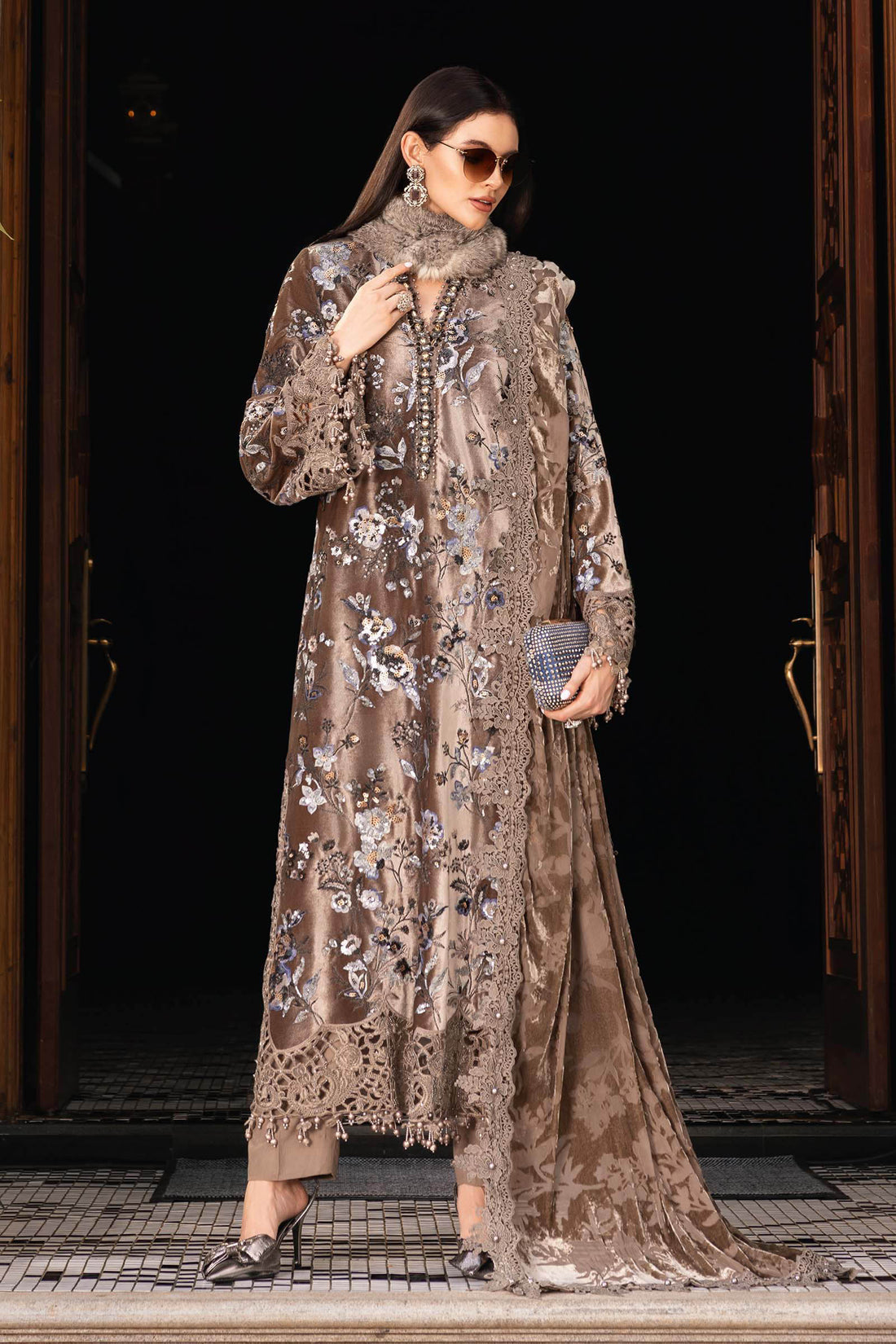Taupe Micro 9000 Velvet Embroidered Festive Suit  | RTW