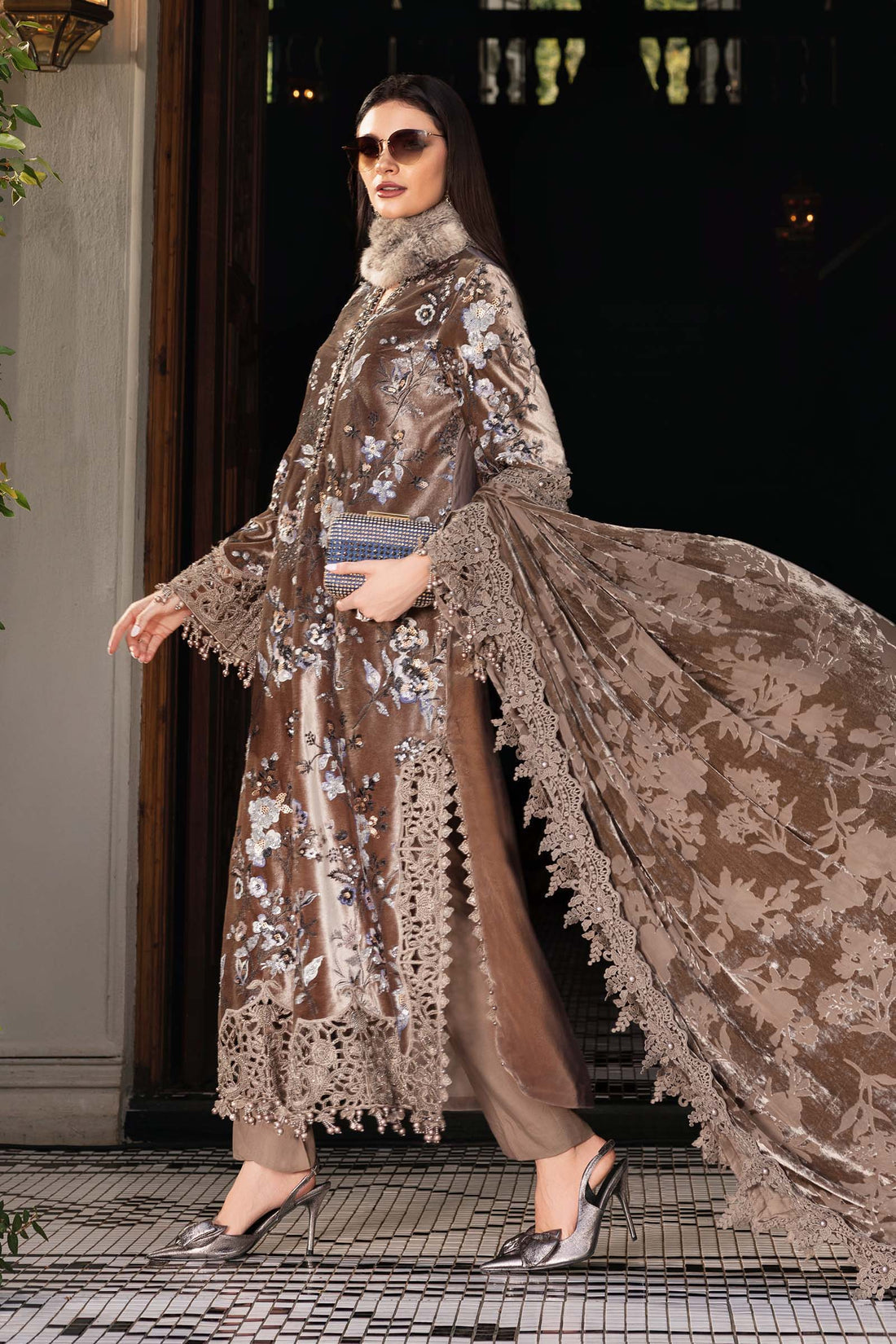 Taupe Micro 9000 Velvet Embroidered Festive Suit  | RTW