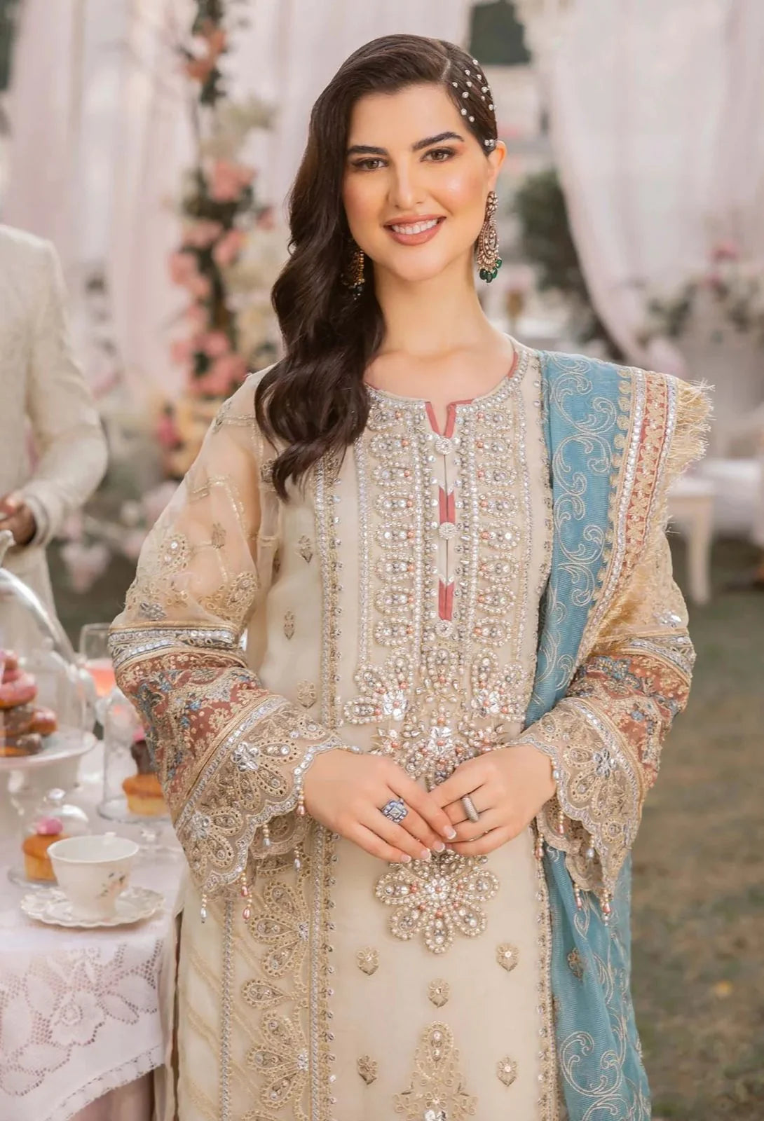 Off White Embroidered Organza Suit with Blue Dupatta | Ready to Wear
