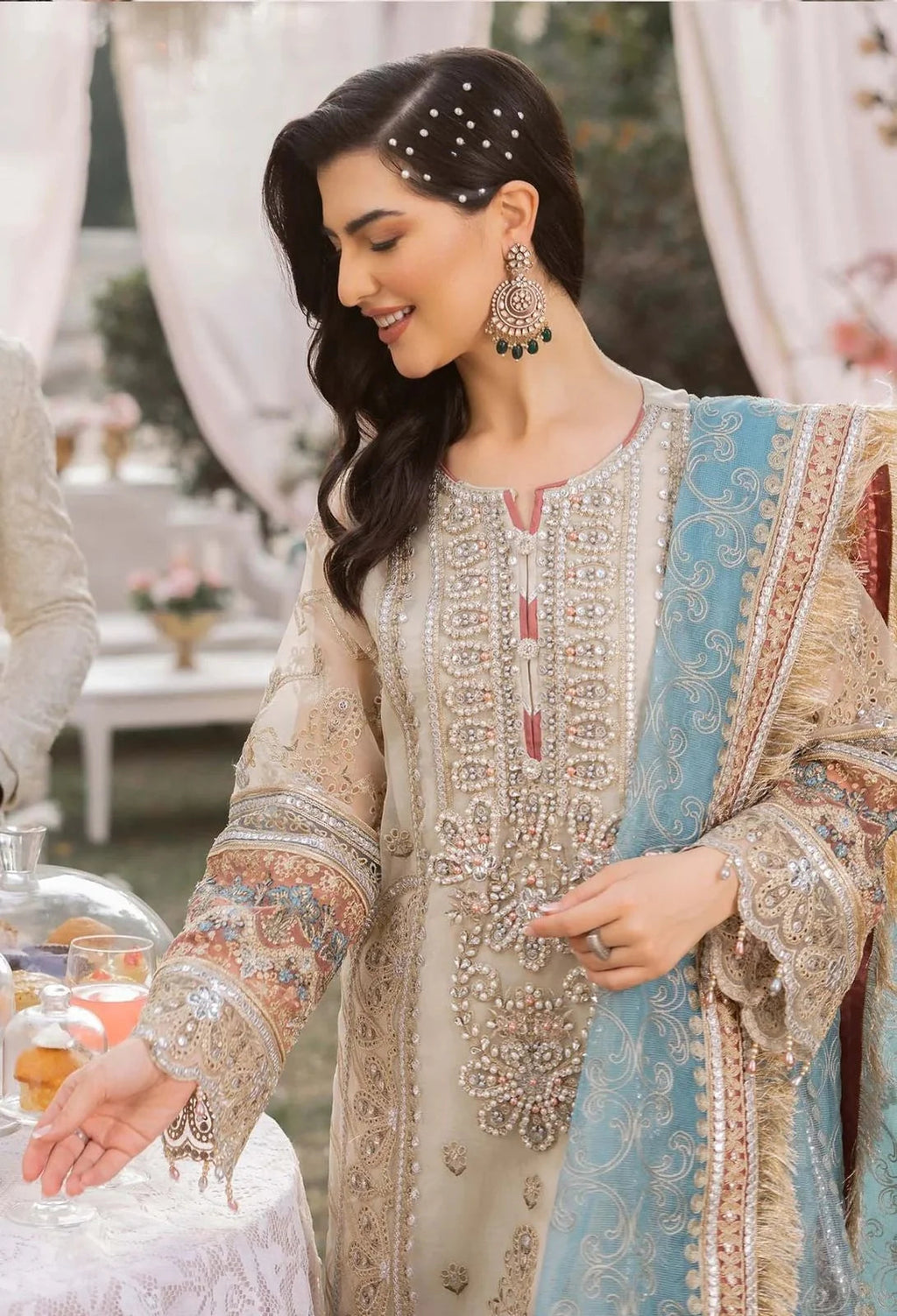Off White Embroidered Organza Suit with Blue Dupatta | Ready to Wear