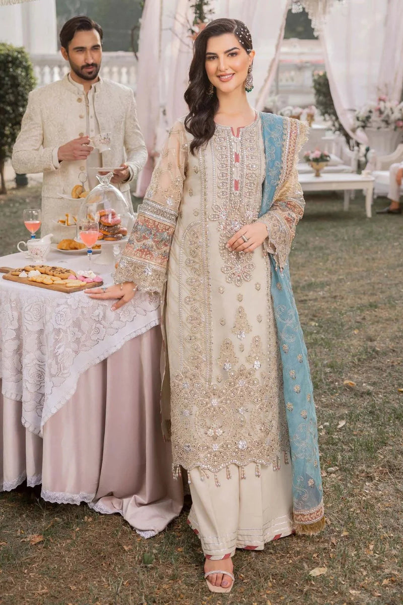 Off White Embroidered Organza Suit with Blue Dupatta | Ready to Wear