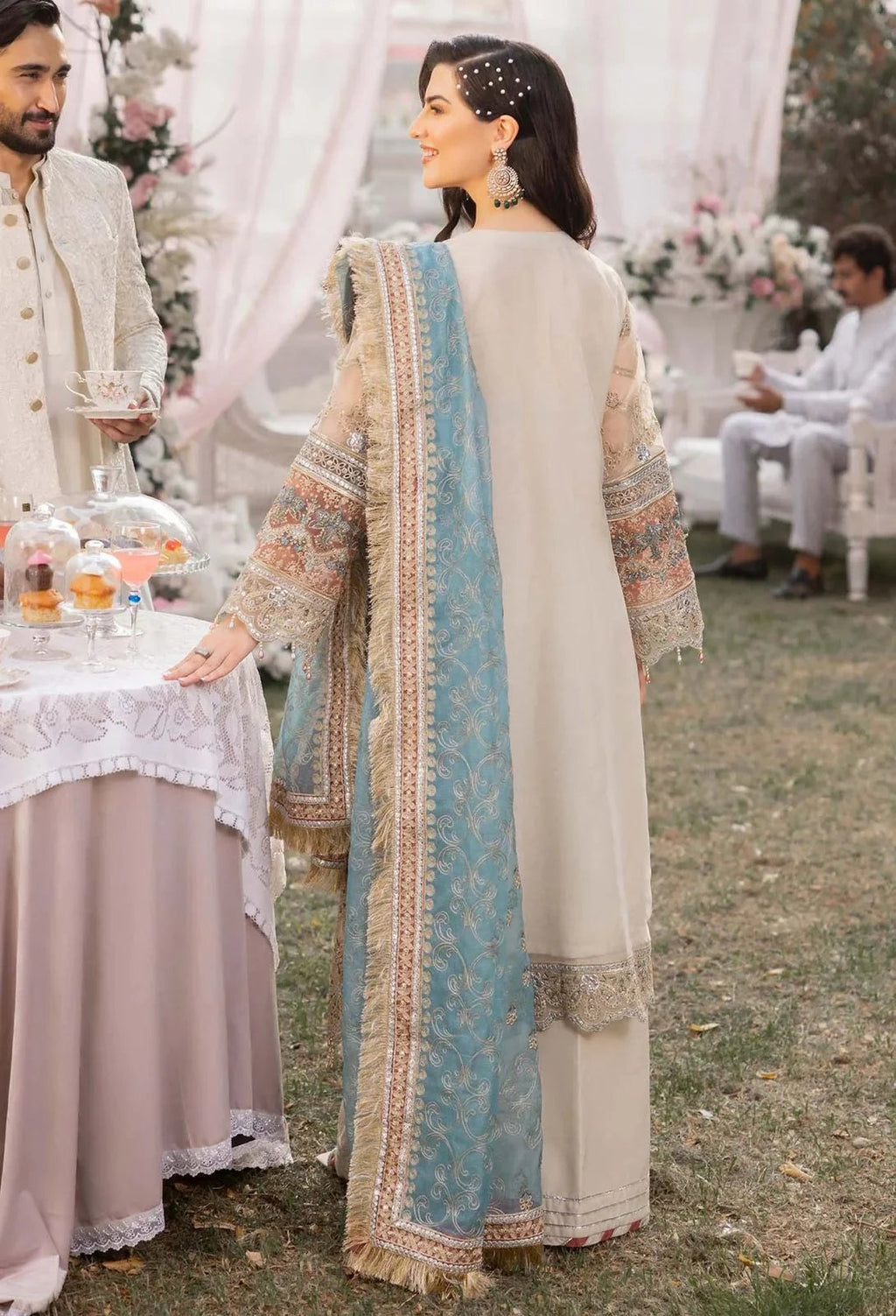 Off White Embroidered Organza Suit with Blue Dupatta | Ready to Wear