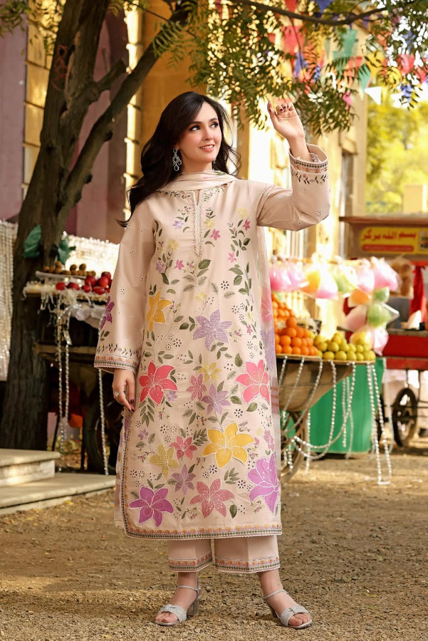Beige Floral Applique Chikankari Lawn Suit |Ready to Wear