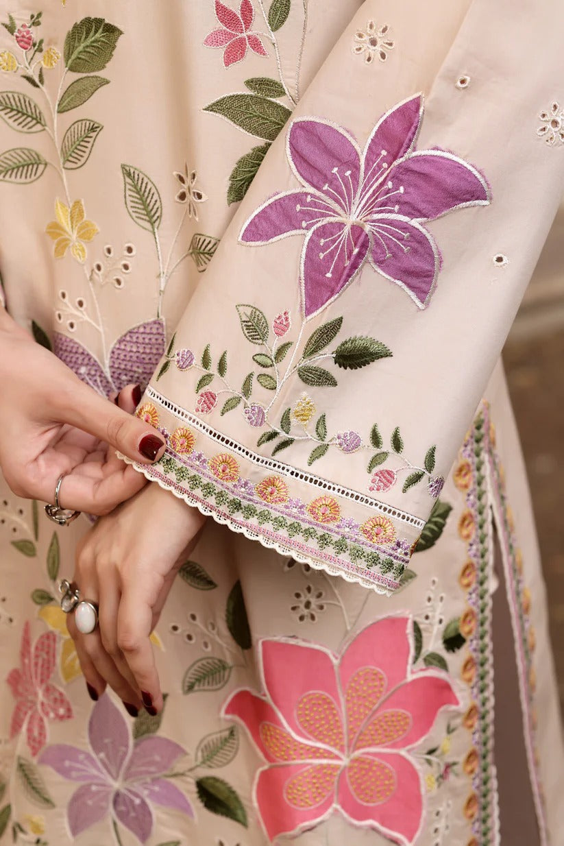 Beige Floral Applique Chikankari Lawn Suit |Ready to Wear
