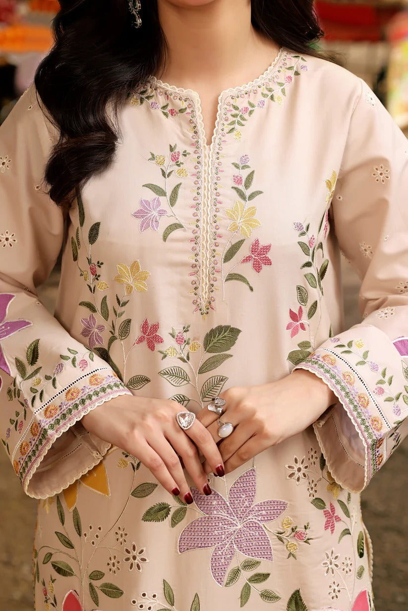 Beige Floral Applique Chikankari Lawn Suit |Ready to Wear