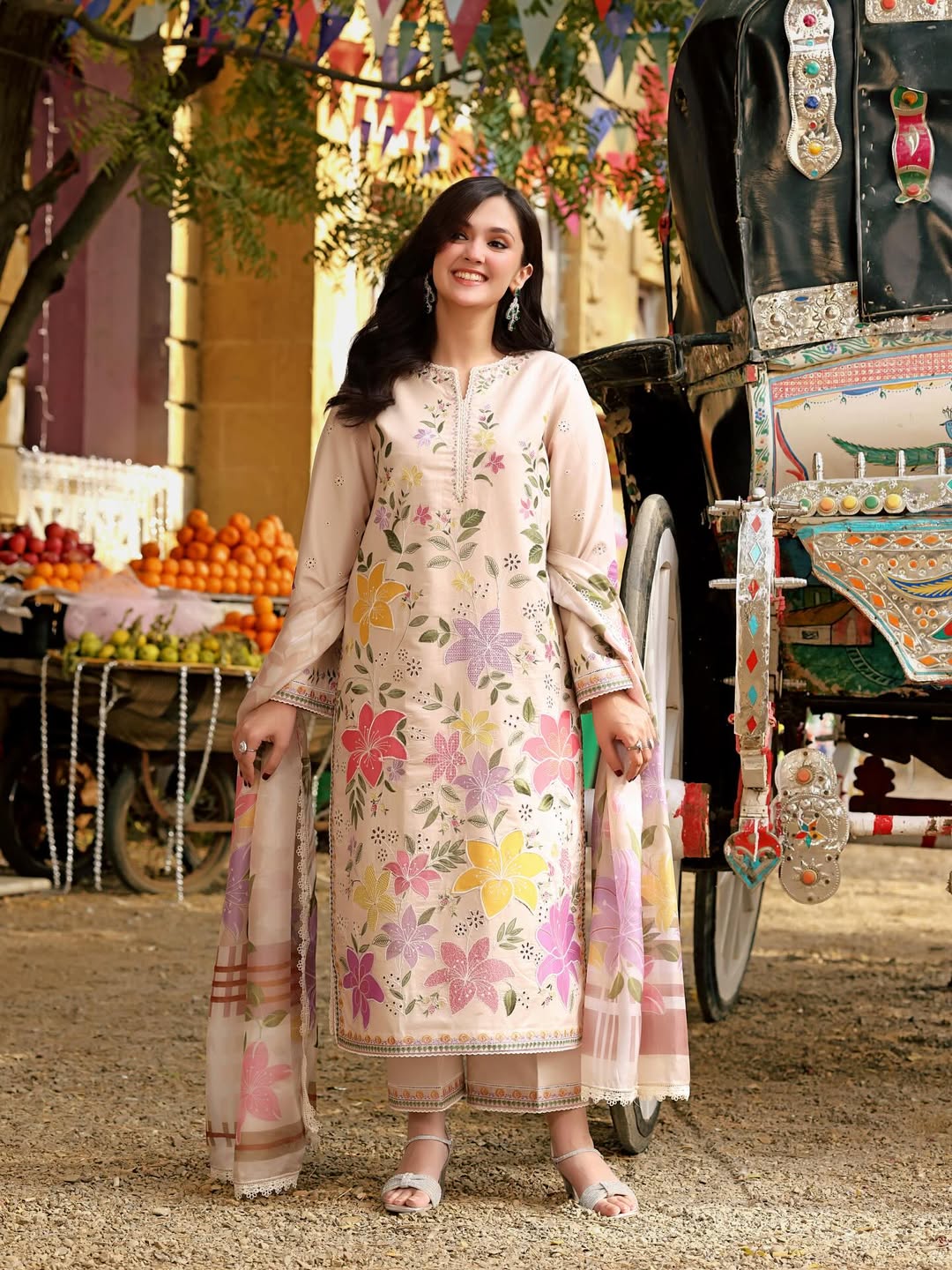 Beige Floral Applique Chikankari Lawn Suit |Ready to Wear