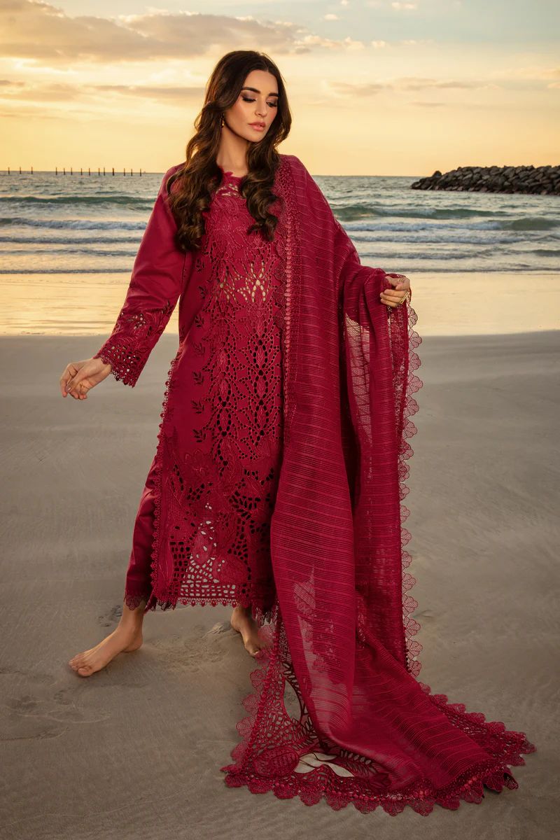 Maroon Chikankari Lawn Suit with Khaadi Net Dupatta | 3-Piece Set