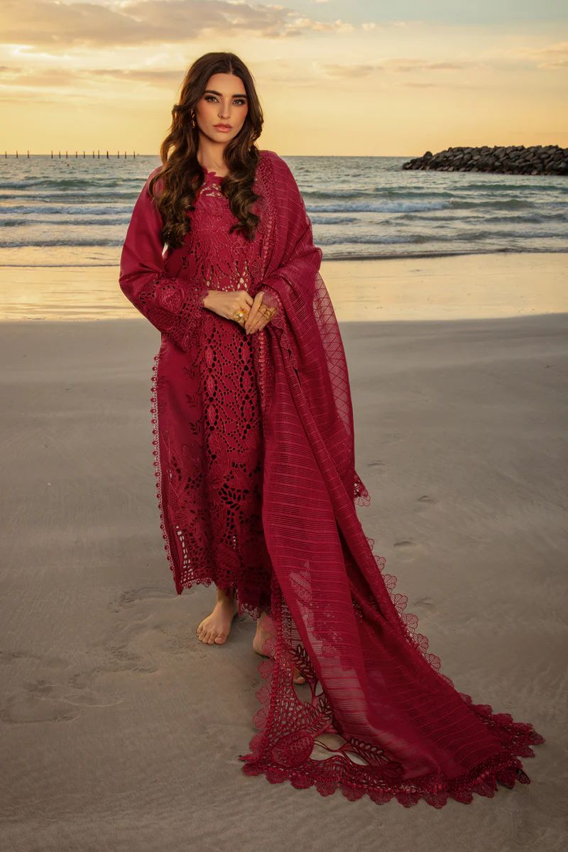Maroon Chikankari Lawn Suit with Khaadi Net Dupatta | 3-Piece Set