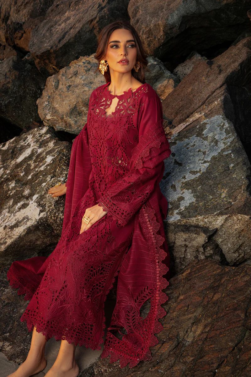 Maroon Chikankari Lawn Suit with Khaadi Net Dupatta | 3-Piece Set