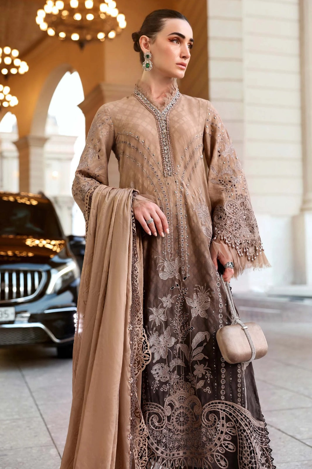 Ombre Mocha Elegance - 3 Piece Embroidered Cotton Suit | Ready To Wear