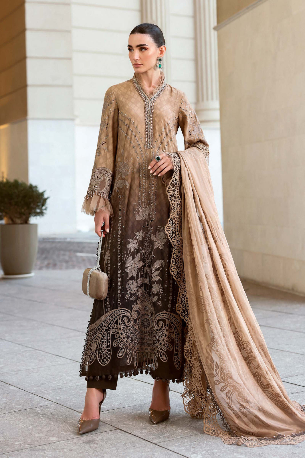 Ombre Mocha Elegance - 3 Piece Embroidered Cotton Suit | Ready To Wear
