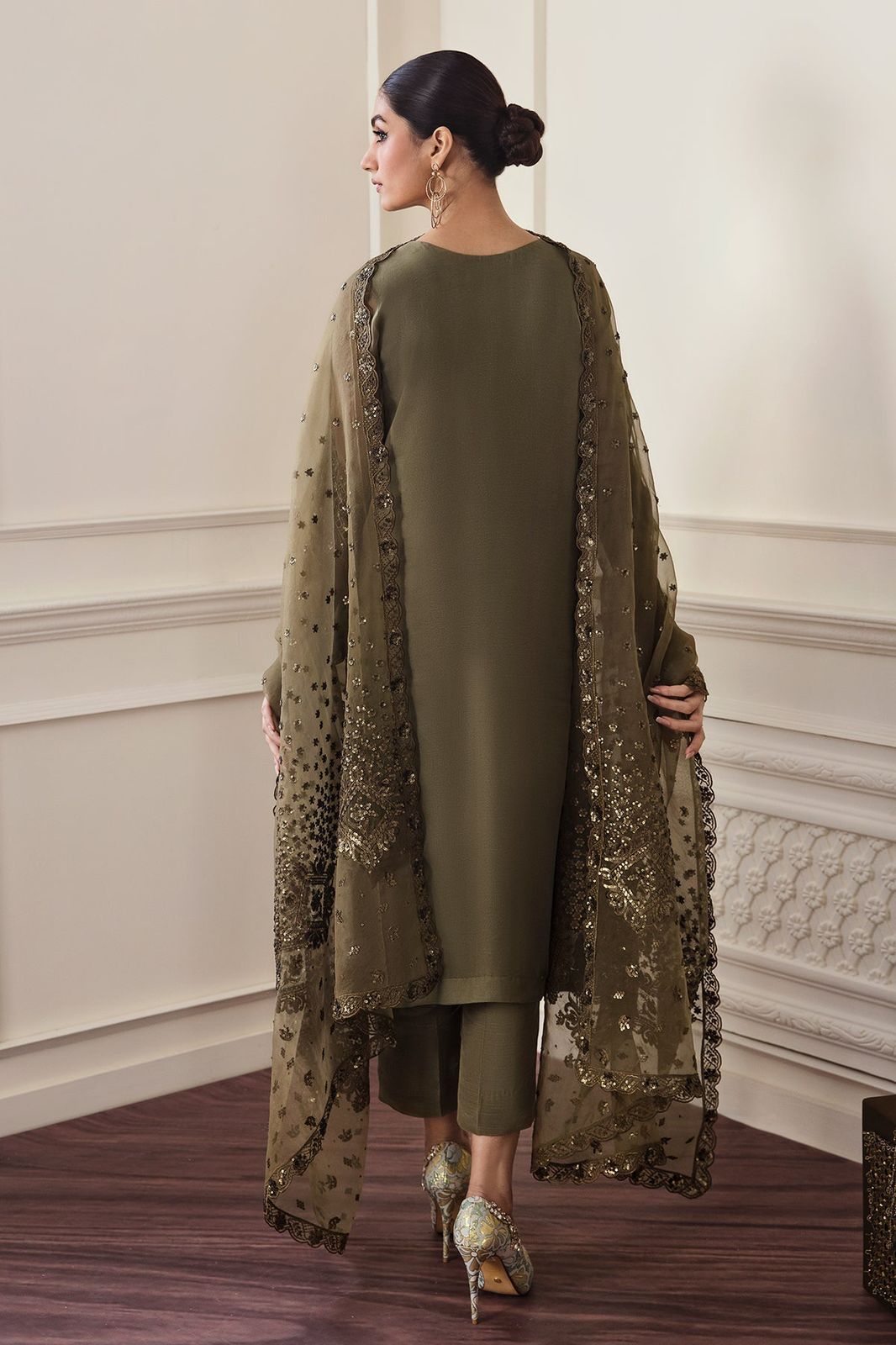 Olive Gold Elegance - 3 Piece Sequin Embroidered Suit | Ready To Wear