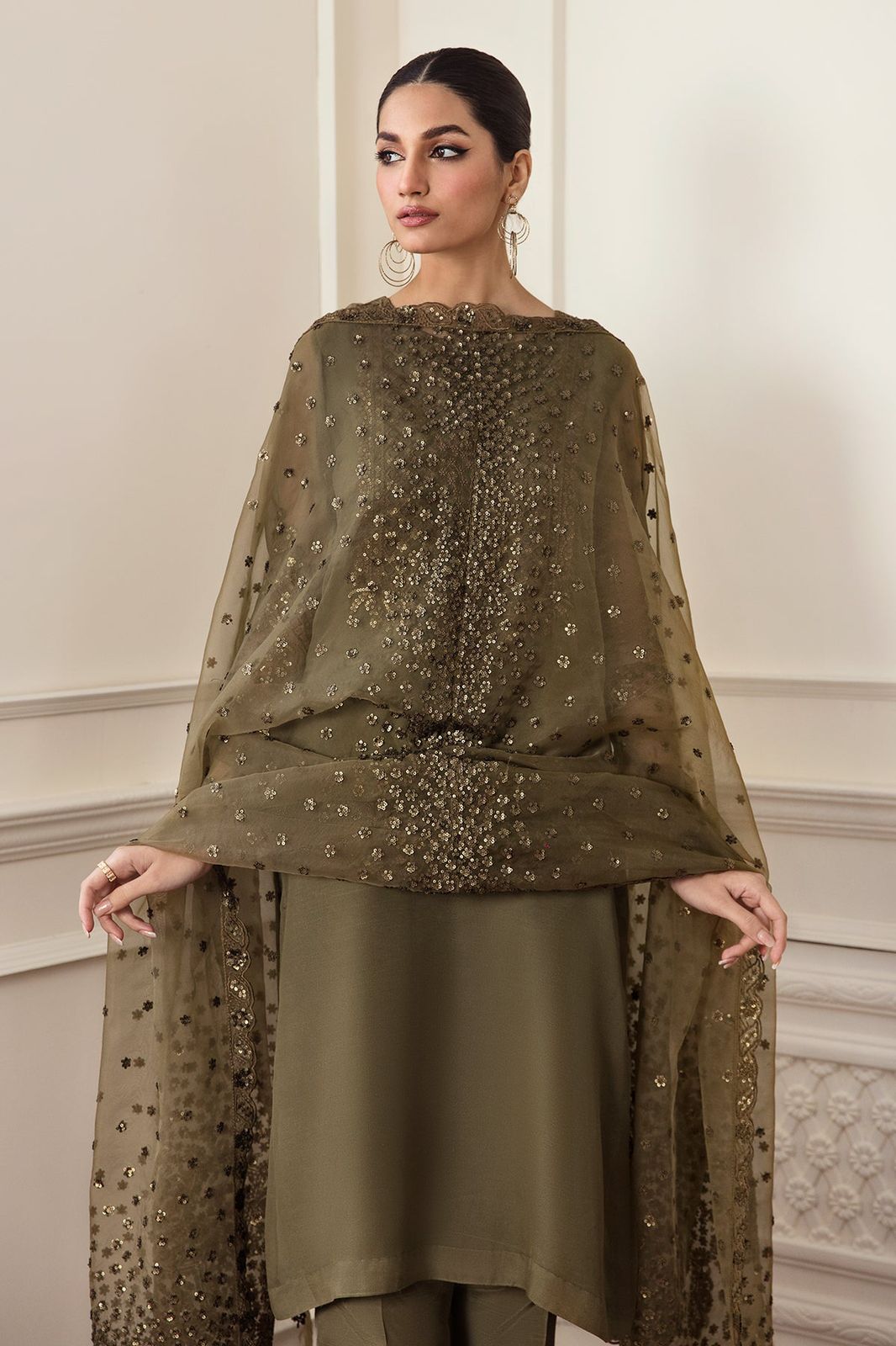 Olive Gold Elegance - 3 Piece Sequin Embroidered Suit | Ready To Wear