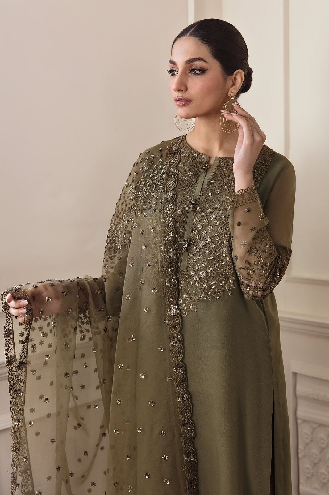 Olive Gold Elegance - 3 Piece Sequin Embroidered Suit | Ready To Wear