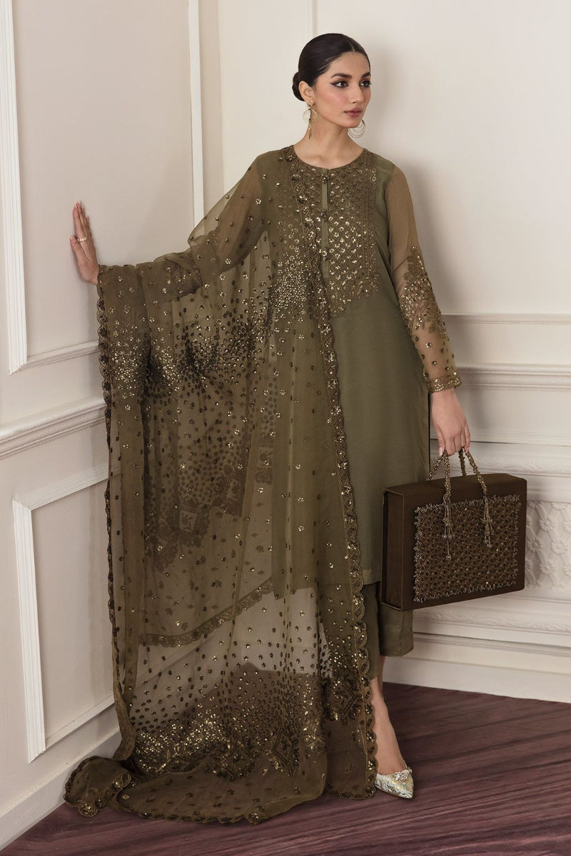 Olive Gold Elegance - 3 Piece Sequin Embroidered Suit | Ready To Wear