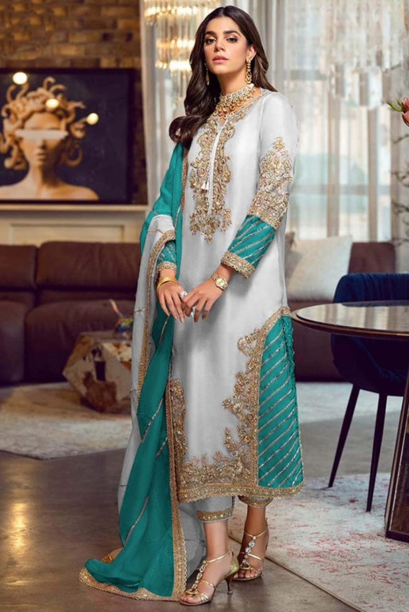 Ice Grey & Teal - 3 Piece Suit with Contrast Dupatta | Ready To Wear