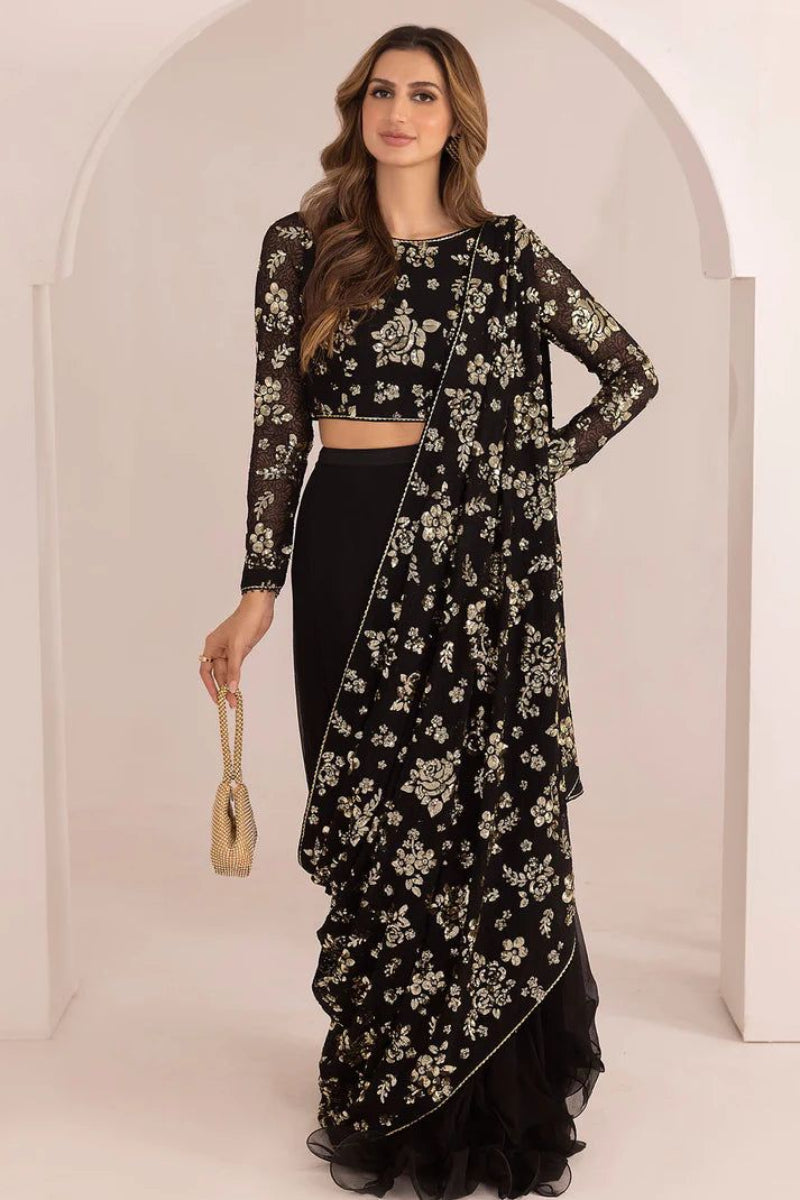 Antique Maroon & Antique Black - Chiffon Embroidered Saree
