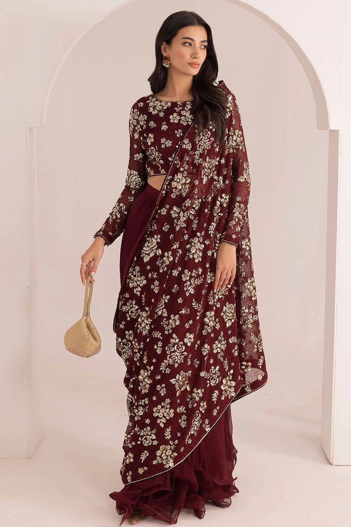 Antique Maroon & Antique Black - Chiffon Embroidered Saree