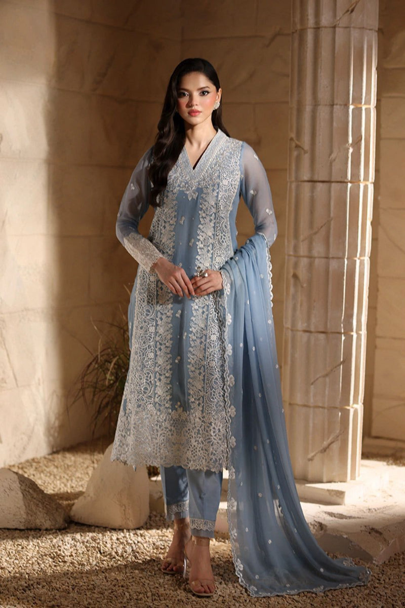 Steel Blue Embroidered Chiffon 3-Piece Suit|  Ready to Wear