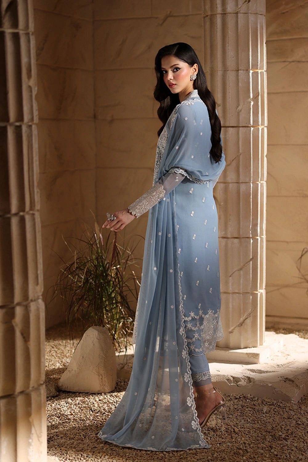 Steel Blue Embroidered Chiffon 3-Piece Suit|  Ready to Wear