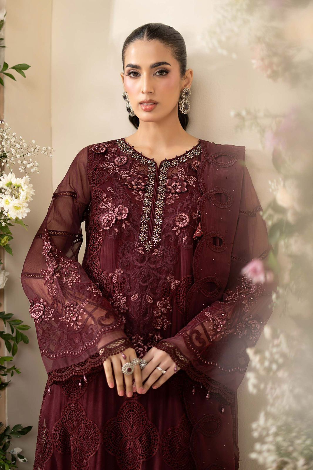 Deep Maroon Chikankari Chiffon Festive Suit | Ready to Wear