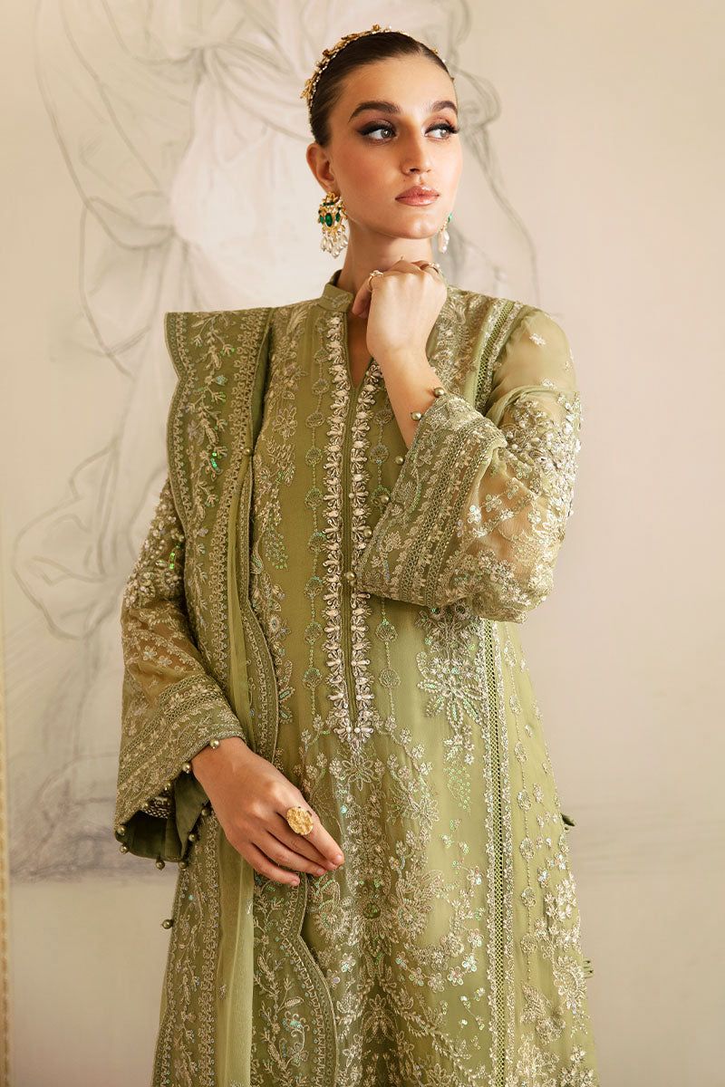Luxury Olive Green Embroidered Chiffon Suit with Organza Borders |RTW