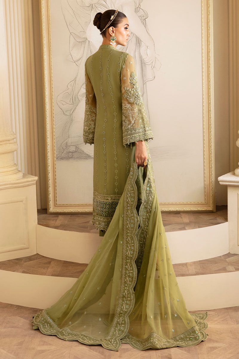 Luxury Olive Green Embroidered Chiffon Suit with Organza Borders |RTW