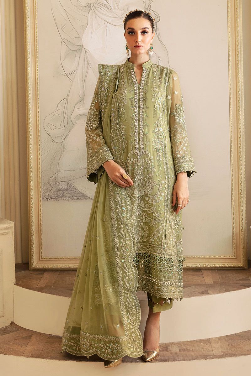 Luxury Olive Green Embroidered Chiffon Suit with Organza Borders |RTW