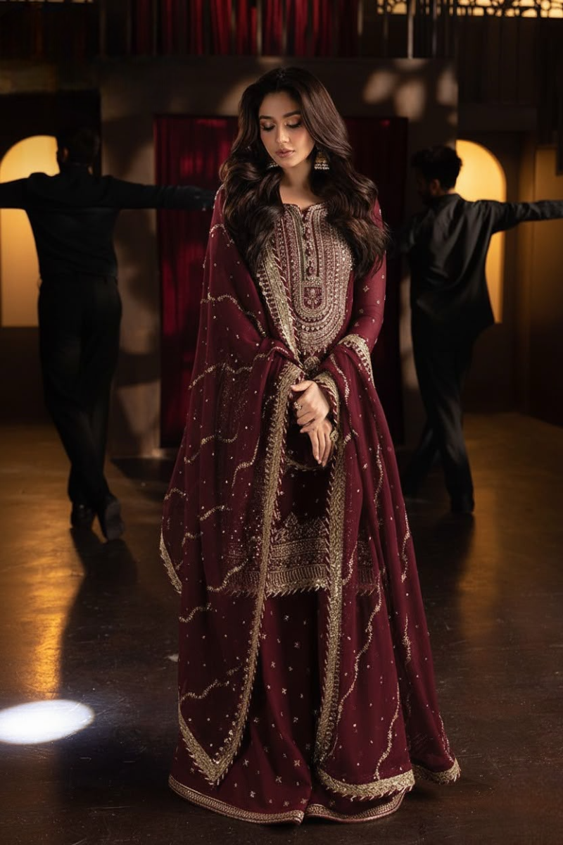 Luxury Maroon Sequence Work Chiffon Suit with Silk Trouser |RTW