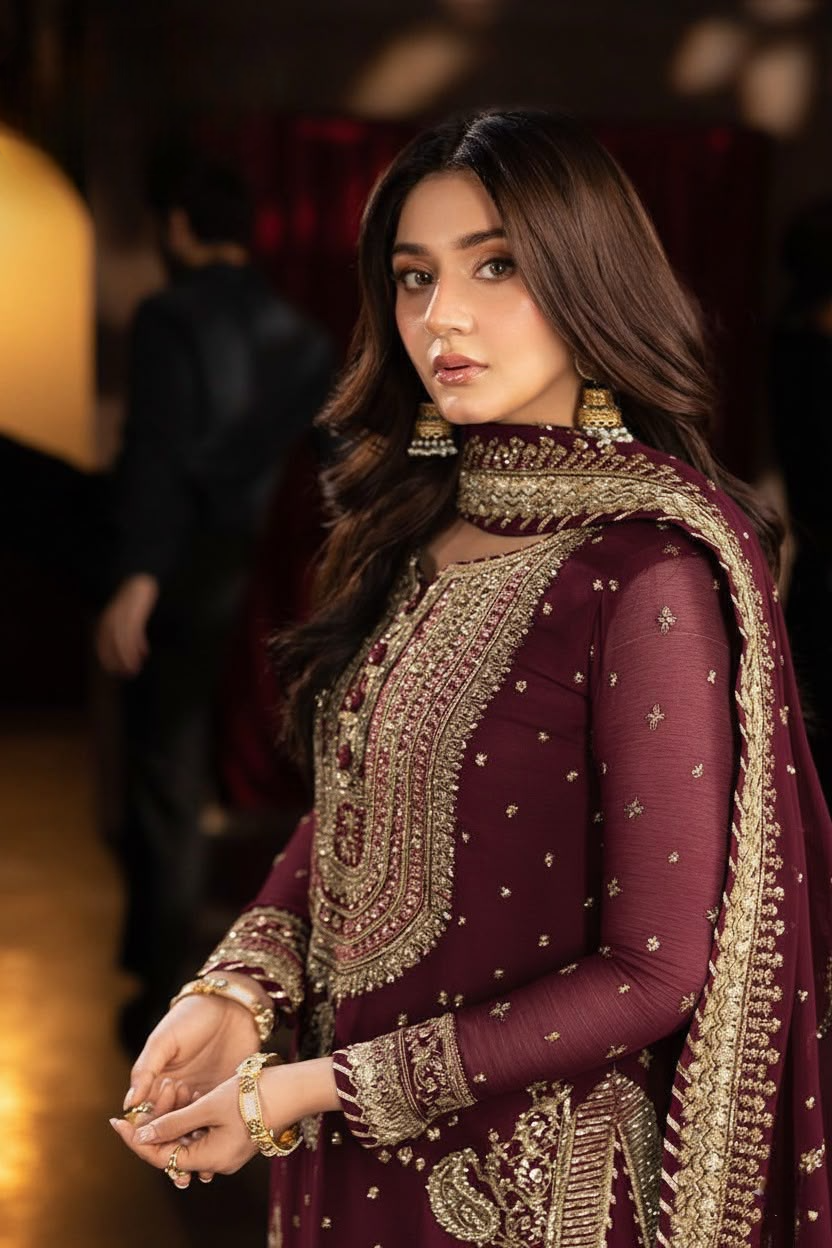 Luxury Maroon Sequence Work Chiffon Suit with Silk Trouser |RTW