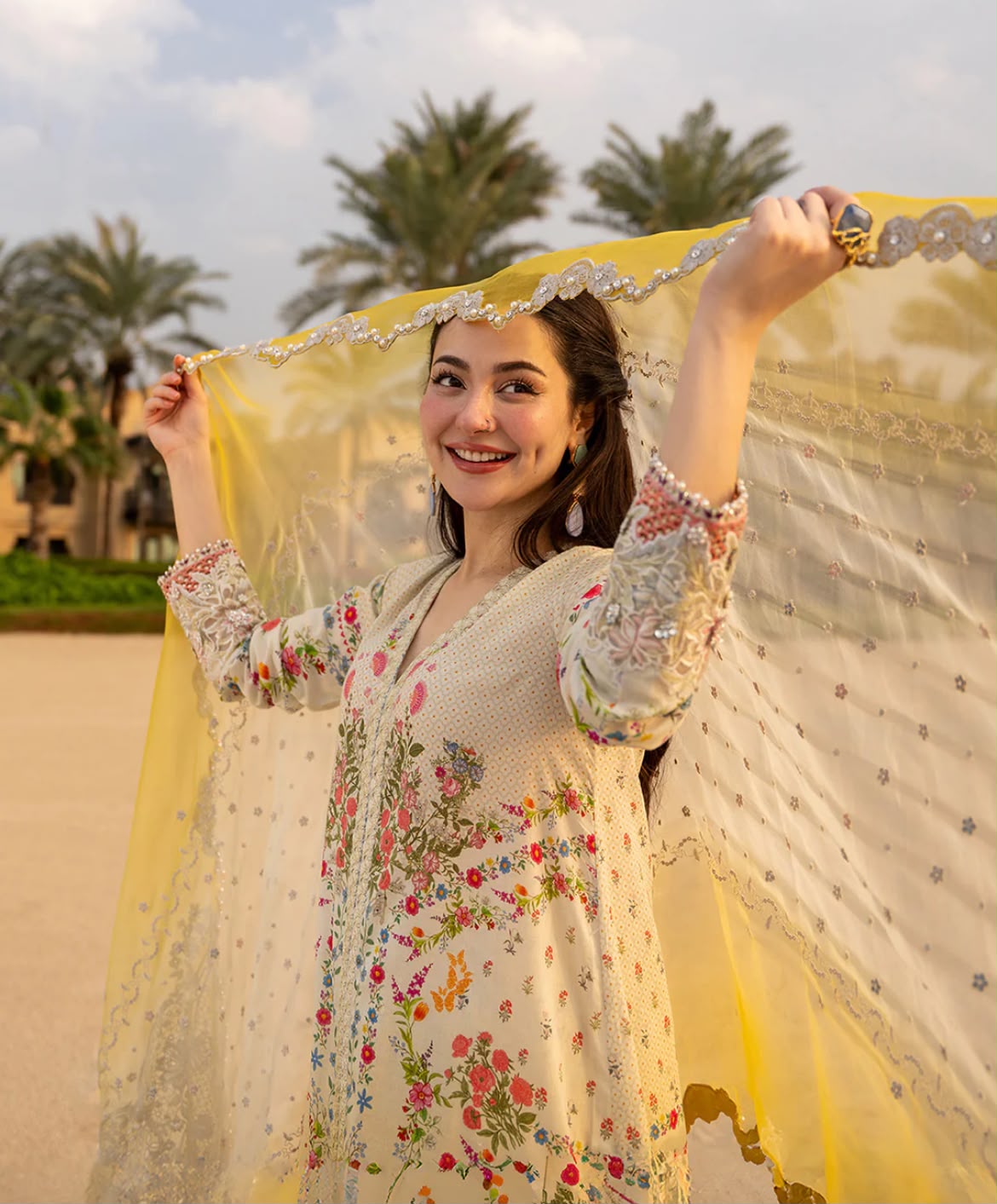 Cream and Yellow Gradient Embroidered Lawn Suit with Organza Dupatta |RTW