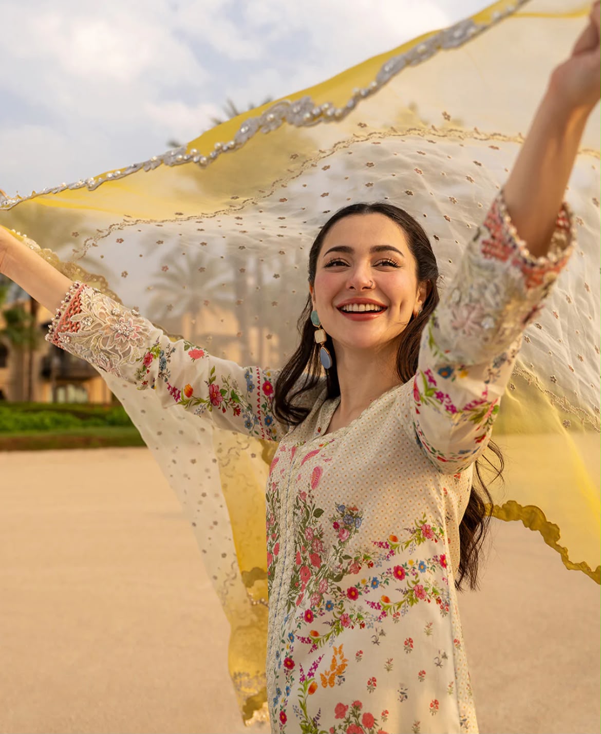 Cream and Yellow Gradient Embroidered Lawn Suit with Organza Dupatta |RTW