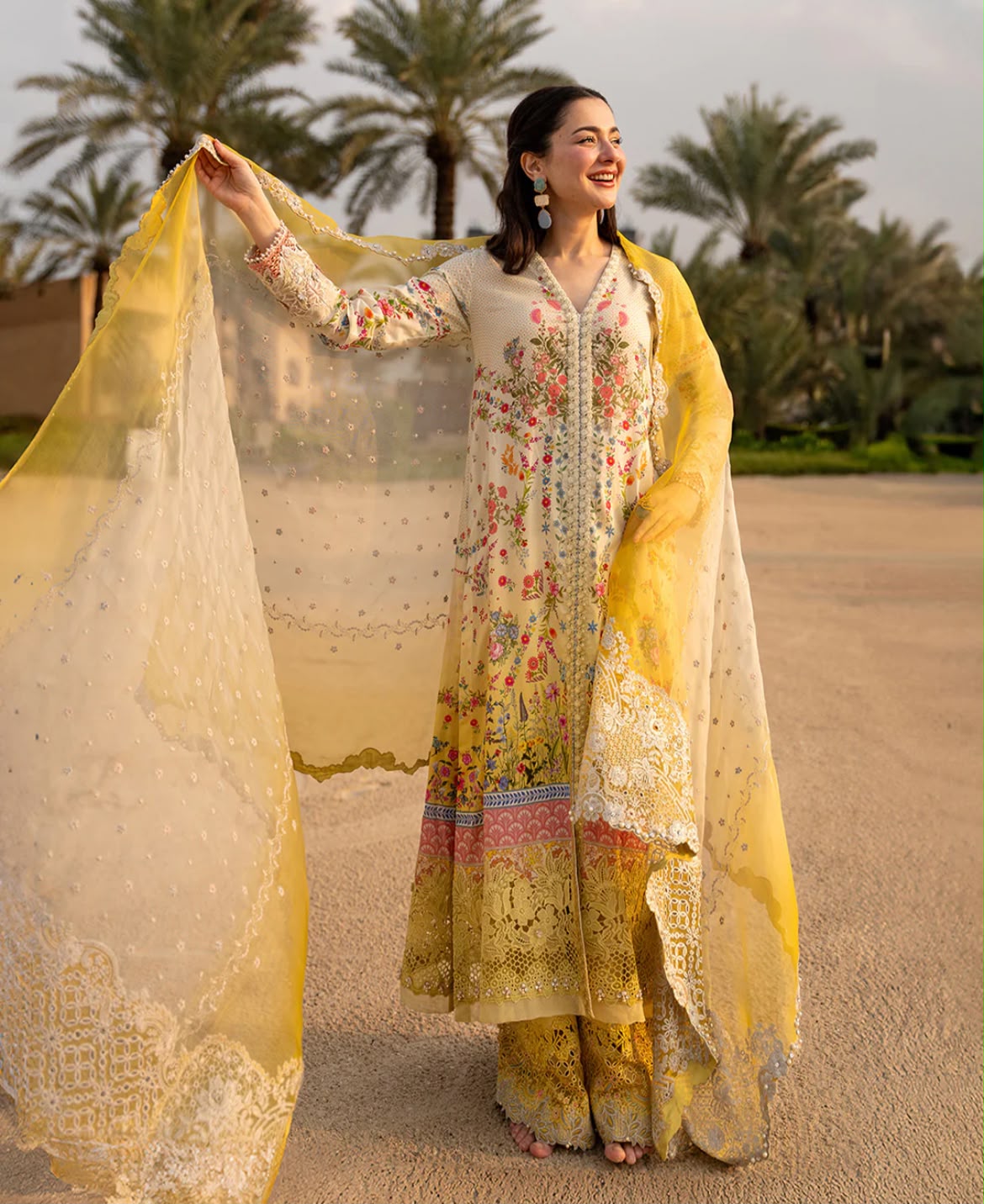 Cream and Yellow Gradient Embroidered Lawn Suit with Organza Dupatta |RTW