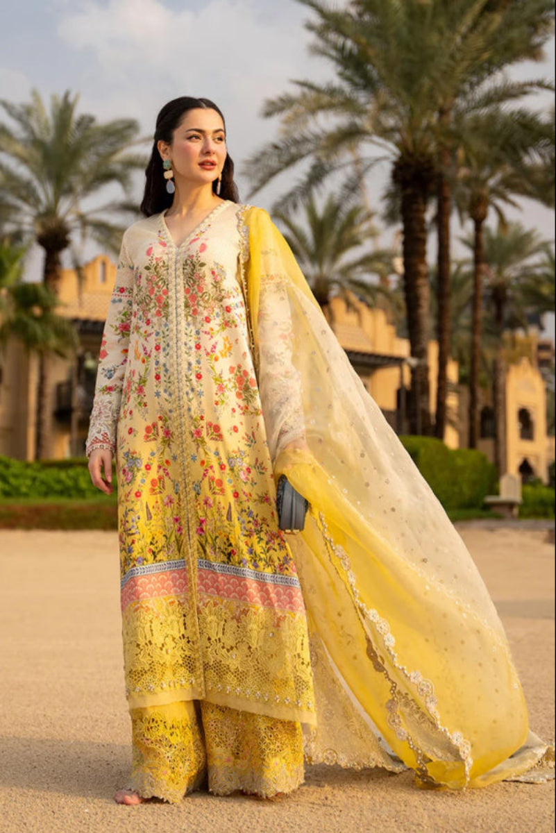 Cream and Yellow Gradient Embroidered Lawn Suit with Organza Dupatta |RTW