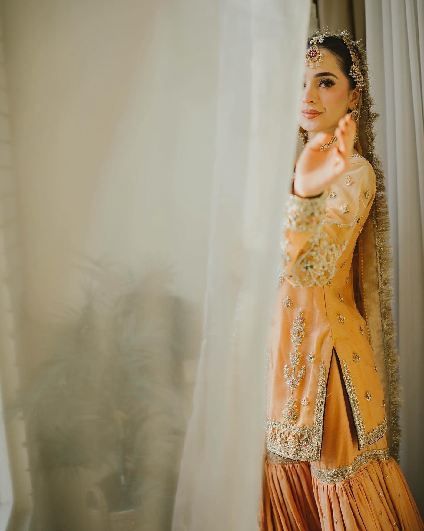 Festive Peach Embroidered Chiffon Lehenga Suit with Shamos Silk| RTW