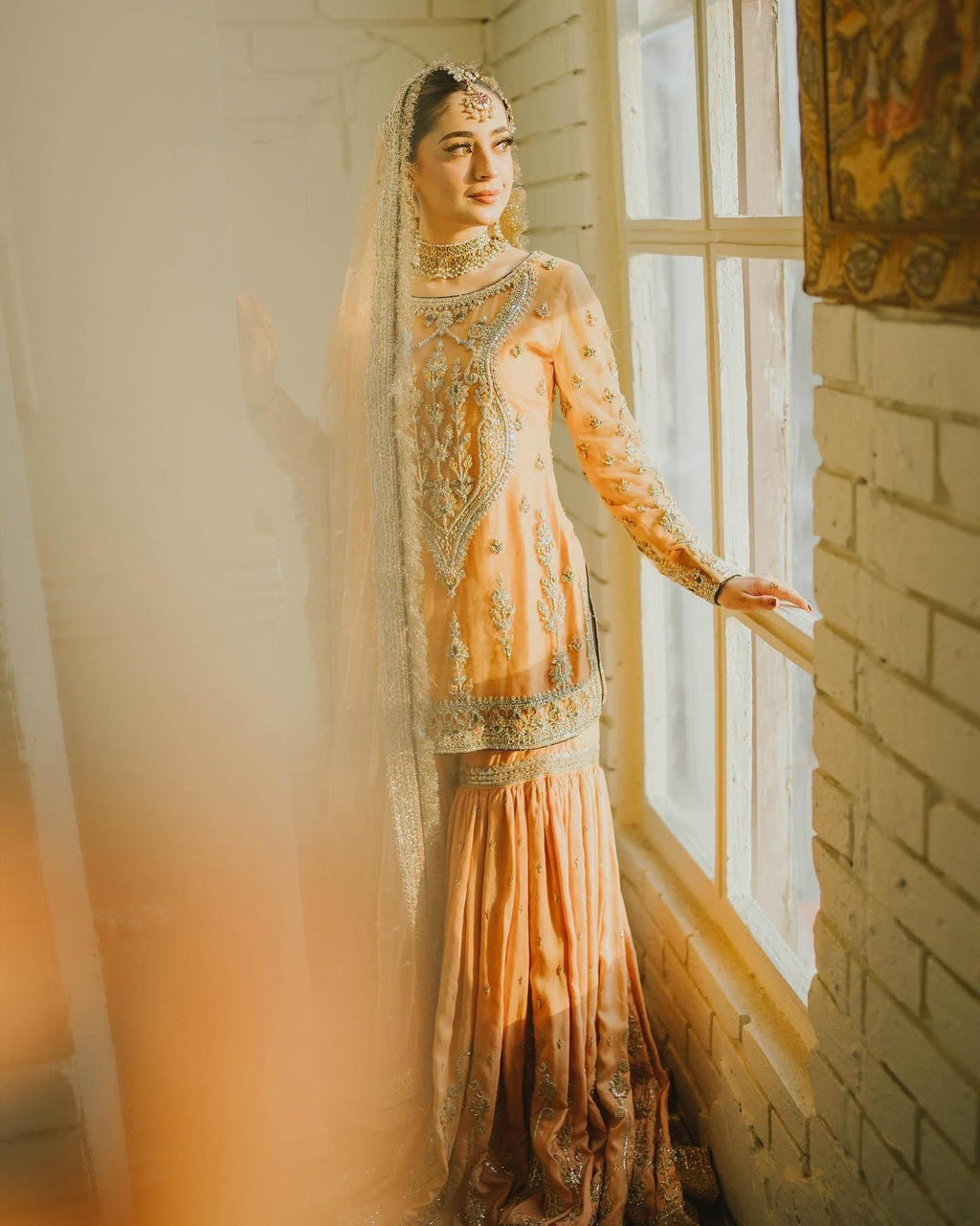 Festive Peach Embroidered Chiffon Lehenga Suit with Shamos Silk| RTW