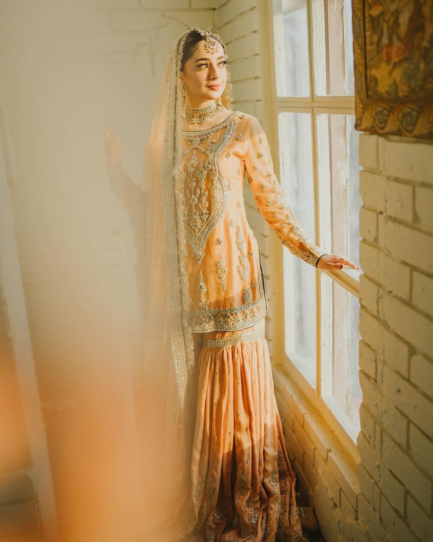 Festive Peach Embroidered Chiffon Lehenga Suit with Shamos Silk| RTW