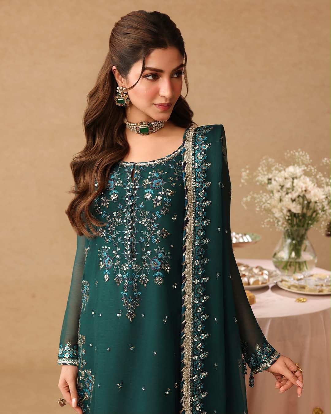 Heavy Embroidered Chiffon Festive Suit with Pearl Work | RTW