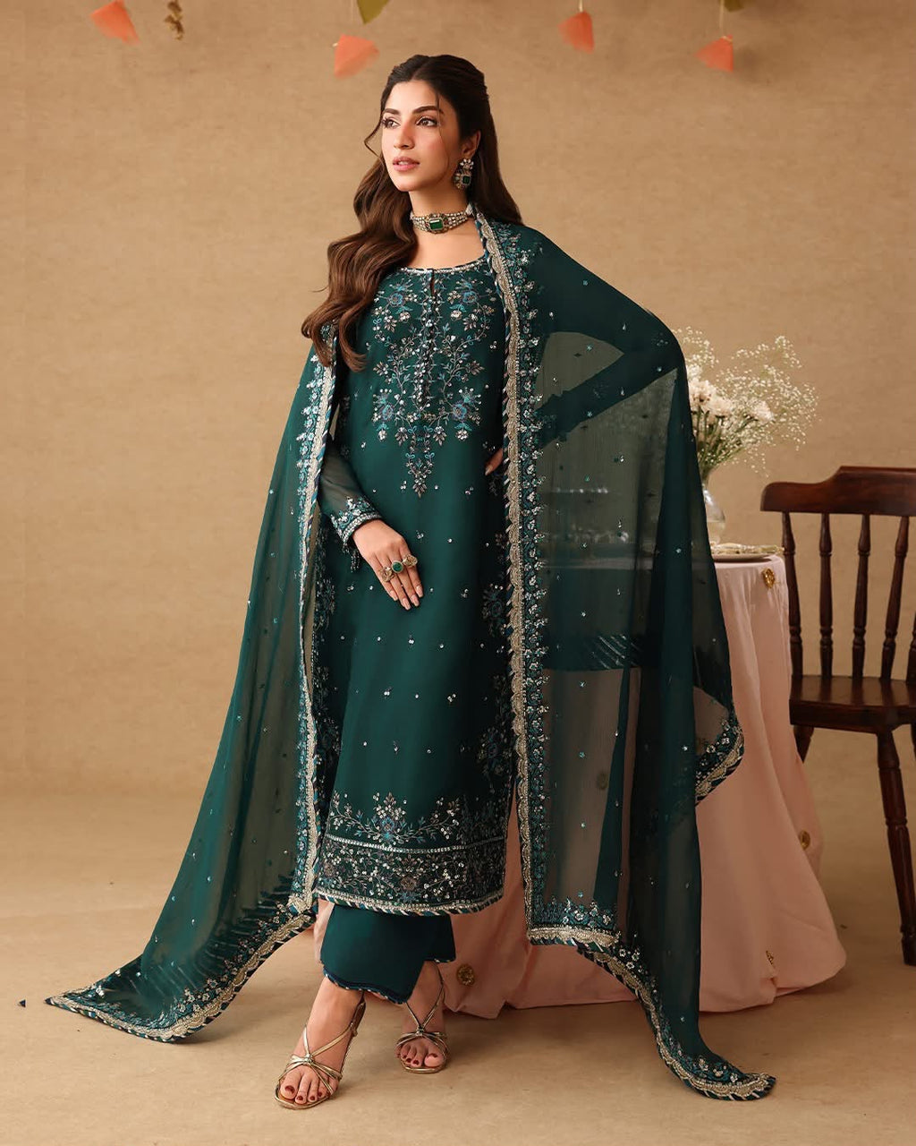 Heavy Embroidered Chiffon Festive Suit with Pearl Work | RTW