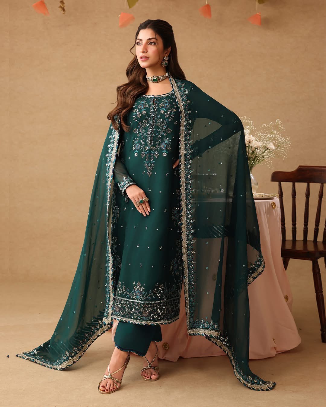 Heavy Embroidered Chiffon Festive Suit with Pearl Work | RTW