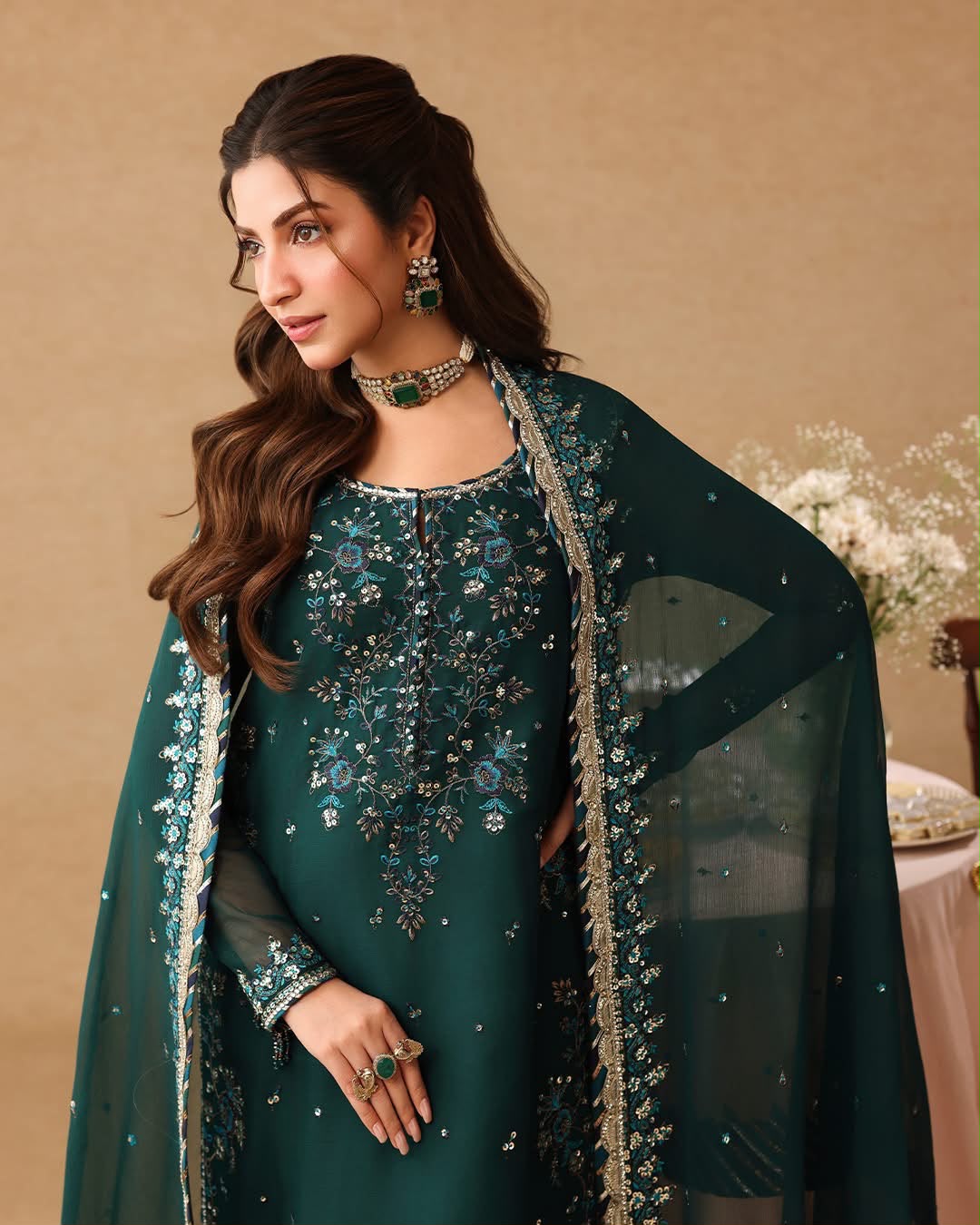 Heavy Embroidered Chiffon Festive Suit with Pearl Work | RTW